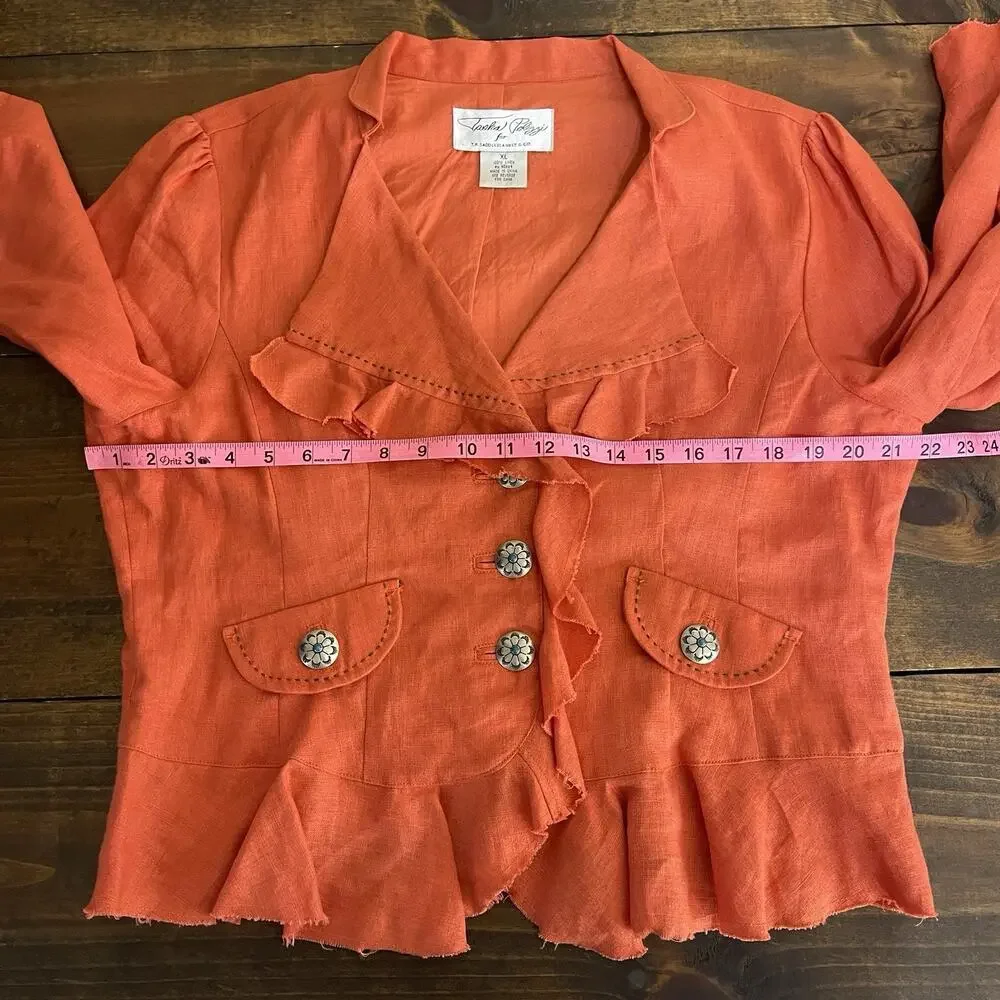 TASHA POLIZZI Blazer Jacket Women's XL Linen Orange Raw Hem 3/4 Sleeves Western - Picture 8 of 9